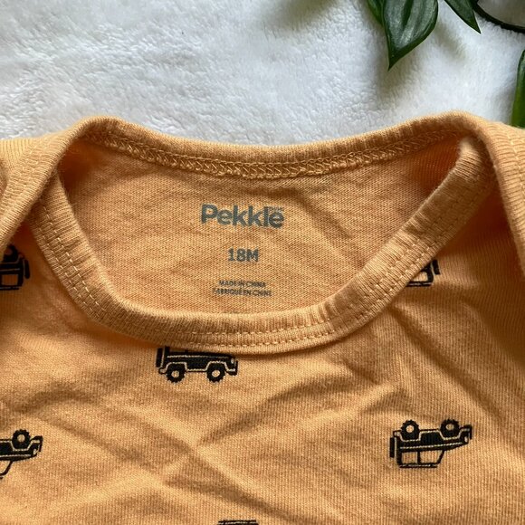 Pekkle Baby Toddler Bodysuit Short Sleeve Shirt 18M | Mustard Yellow Vehicle GUC - Picture 2 of 13